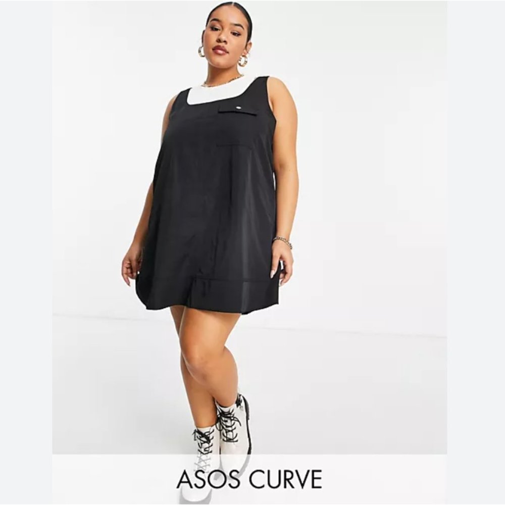 ASOS DESIGN Curve nylon swing mini pinny dress in black